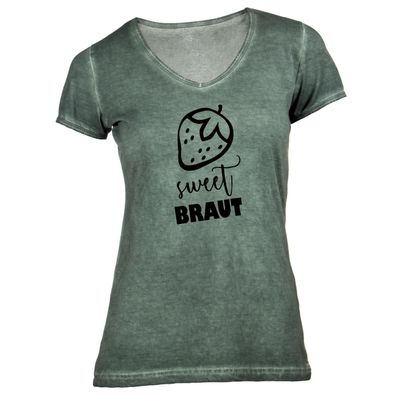 Damen T-Shirt V-Ausschnitt Braut - sweet Strawberry