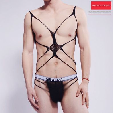 Sexy Herren Netz String-Body Dessous Wetlook Aushöhlen Fetisch Straps Körperstrumpf