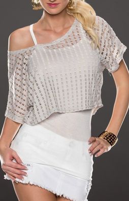 SeXy MiSS Damen Girly 2 Teiler Netz Shirt + Träger Top 34/36/38 NEU grau weiß