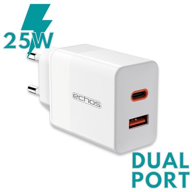 Echos 25W Dualport USB-C + USB-A Schnellladegerät | QC3.0, PD und PPS | Sehr breit...