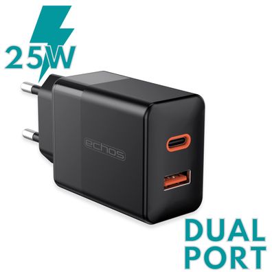 Echos 25W Dualport USB-C + USB-A Schnellladegerät | QC3.0, PD und PPS | Sehr breit...
