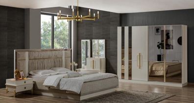 Luxus Doppelbett Schlafzimmer Garnitur Holz Beige Stoff Bett Set 5tlg
