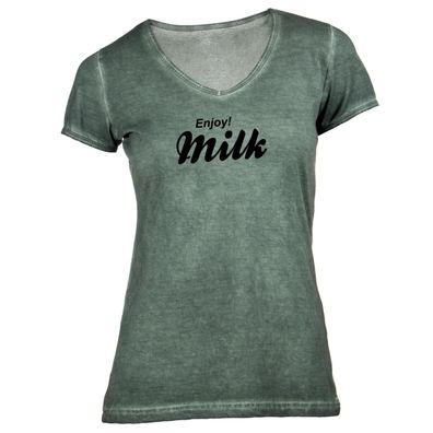 Damen T-Shirt V-Ausschnitt Enjoy Milk