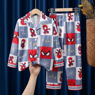 Kinder Schlafanzug Spider-Man Revers Knopf Lang Pyjama 2er Set Loungewear Nachthemd