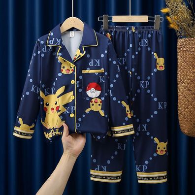 Kinder Schlafanzug Pikachu Revers Knopf Lang Pyjama 2er Set Loungewear Nachthemd