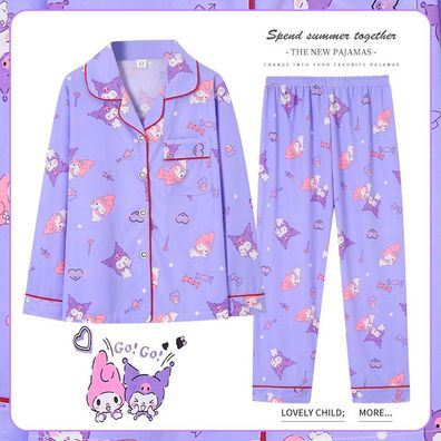 Kinder Schlafanzug Kuromi Kitty Doraemon Revers Knopf Lang Pyjama 2er Set Loungewear