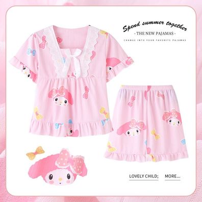 Kinder Spitzenkragen Schlafanzug Kuromi Melody Kurzarm Pyjama 2er Set Loungewear