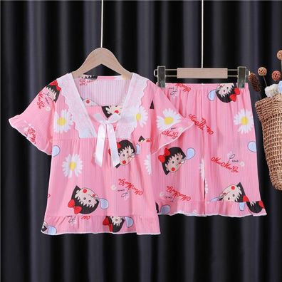 Kinder Spitzenkragen Schlafanzug Chibi Maruko-chan Kurzarm Pyjama 2er Set Loungewear