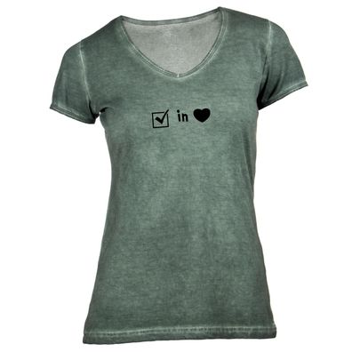 Damen T-Shirt V-Ausschnitt Checkbox in Love