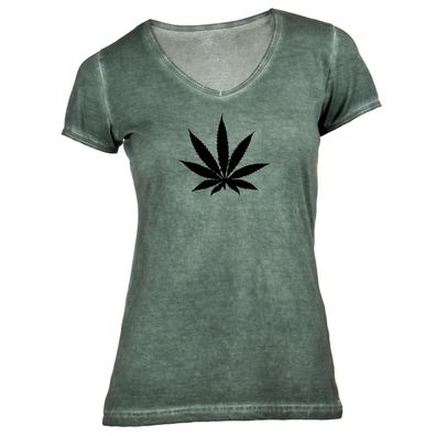 Damen T-Shirt V-Ausschnitt Hanfblatt Weed