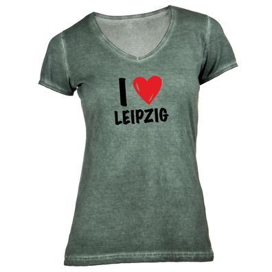 Damen T-Shirt V-Ausschnitt I love Leipzig