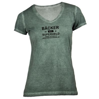 Damen T-Shirt V-Ausschnitt Bäcker, weil Superheld keine offzielle Berufsbezeichnung i