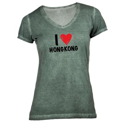 Damen T-Shirt V-Ausschnitt I love Hongkong