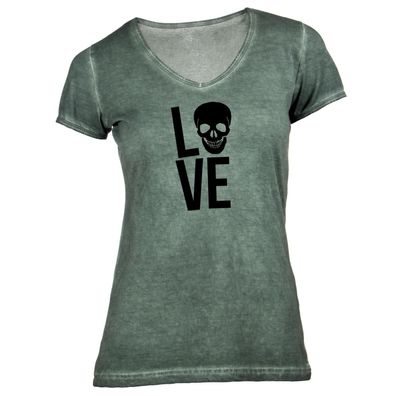 Damen T-Shirt V-Ausschnitt LOVE Skull Totenkopf