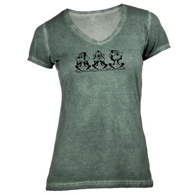 Damen T-Shirt V-Ausschnitt Drei Affen Funny Style