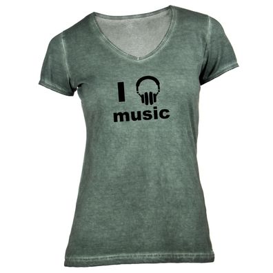 Damen T-Shirt V-Ausschnitt i love music