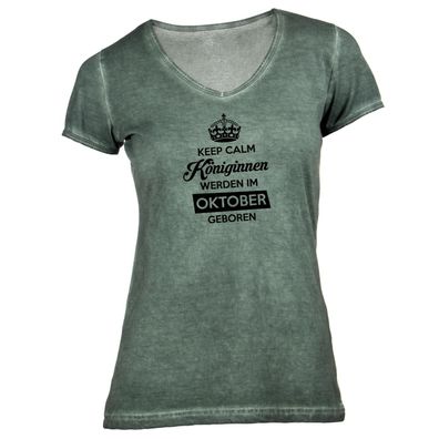 Damen T-Shirt V-Ausschnitt Keep Calm Königinnen werden im Oktober geboren