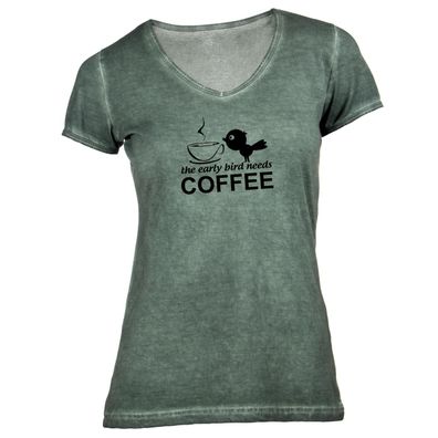 Damen T-Shirt V-Ausschnitt early bird needs coffee