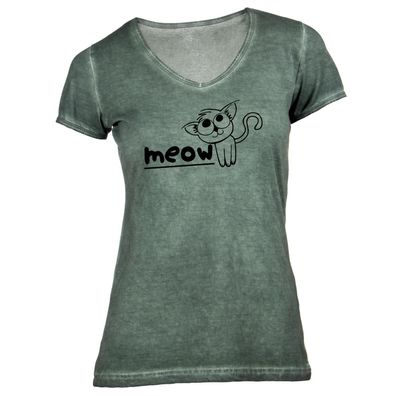 Damen T-Shirt V-Ausschnitt Meow Katze