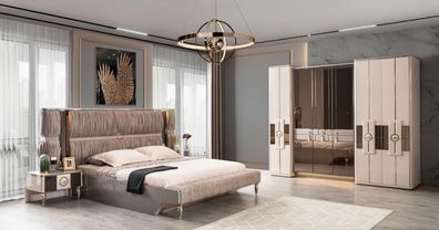 Modern Garnitur Doppelbett Bett Beige Holz Luxus Schlafzimmer Set 4tlg