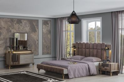 Doppelbett Garnitur Luxus Schlafzimmer Holz Braun Stoff Bett Set 4tlg
