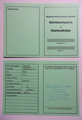 Datenblatt ABE Betriebserlaubnis SIMSON Schwalbe KR51/1 / K / S echter VEB Stempel