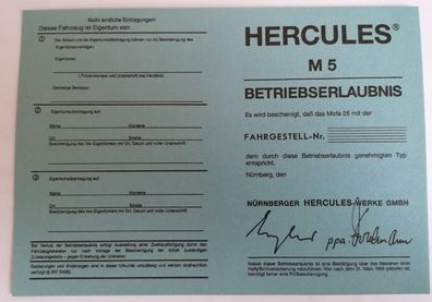 Datenblatt Betriebserlaubnis ABE Hercules M 5 Papiere Moped Mofa