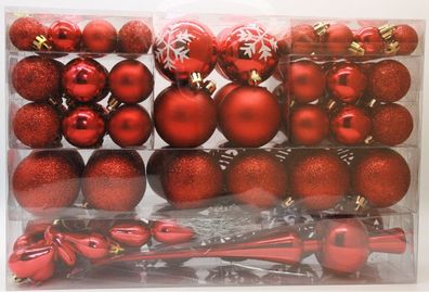101 teiliges Set Weihnachtskugeln Rot mit Spitze und Metallhaken Christbaumschmuck
