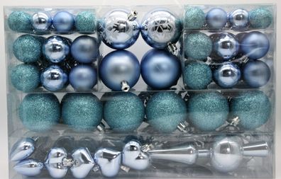 101 teiliges Set Weihnachtskugeln Blau Eisblau mit Spitze und Metallhaken