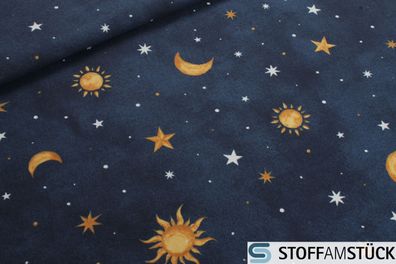 Stoff Baumwolle Polyester Rips marine Sonne Mond Sterne Glow in the dark
