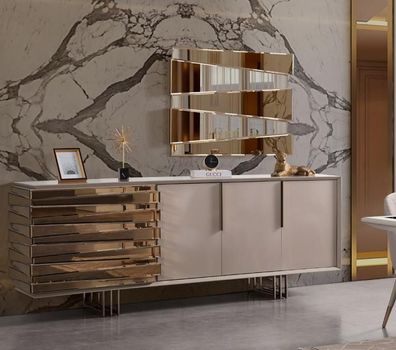 Anrichte Sideboard Kommode Holz Schrank Beige Gold Luxus Wohnzimmer
