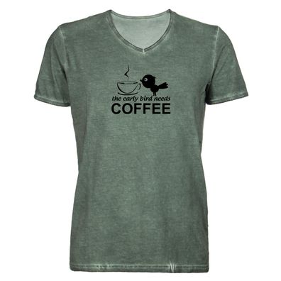 Herren T-Shirt V-Ausschnitt early bird needs coffee
