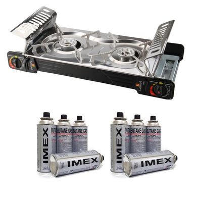 IMEX BDZ-2x155 Edelstahl 2 Flammiger Outdoor Doppelgaskocher mit 8 Gaskartuschen