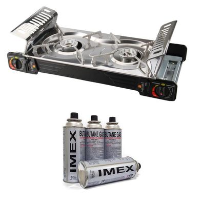 IMEX BDZ-2x155 Edelstahl 2 Flammiger Outdoor Doppelgaskocher mit 4 Gaskartuschen
