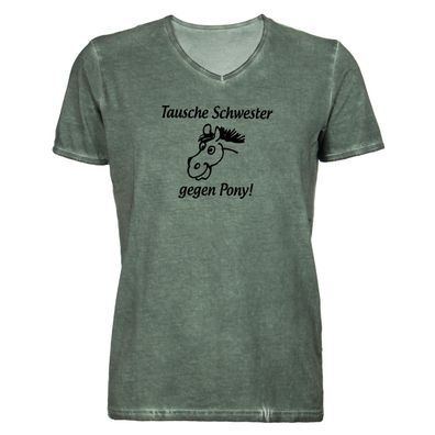 Herren T-Shirt V-Ausschnitt Tausche Schwester gegen Pony