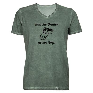 Herren T-Shirt V-Ausschnitt Tausche Bruder gegen Pony