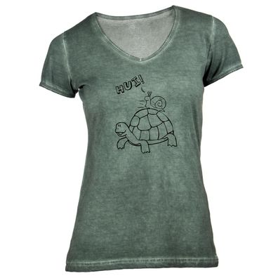 Damen T-Shirt V-Ausschnitt Schildkröte Schnecke hui