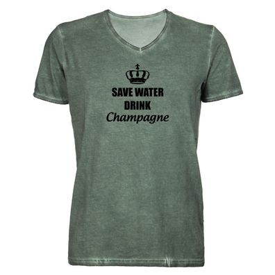 Herren T-Shirt V-Ausschnitt Save water drink champagne