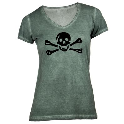 Damen T-Shirt V-Ausschnitt Totenkopf