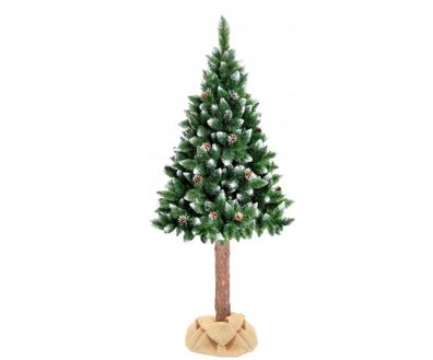 Künstlicher Weihnachtsbaum 160 cm – mit Schnee und Tannenzapfen und Holzstamm
