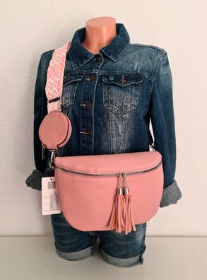 Blogger Bauchtasche Cross Body Bag Kunstleder bunter Gurt und extra Tasche Altrosa
