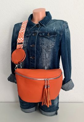 Blogger Bauchtasche Cross Body Bag Kunstleder bunter Gurt und extra Tasche Orange