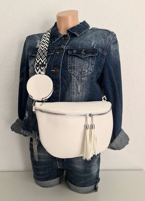 Blogger Bauchtasche Cross Body Bag Kunstleder bunter Gurt und extra Tasche Weiß