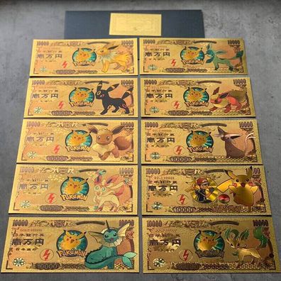 10 Stück Vergoldete Pokemon Karten im Banknoten Design + Zertifikat POK4