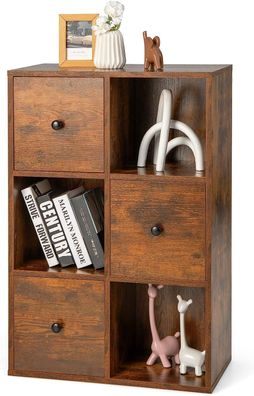 Bücherschrank mit 3 Schubladen und 3 offene Regale, Bücherregal Holz, Standregal