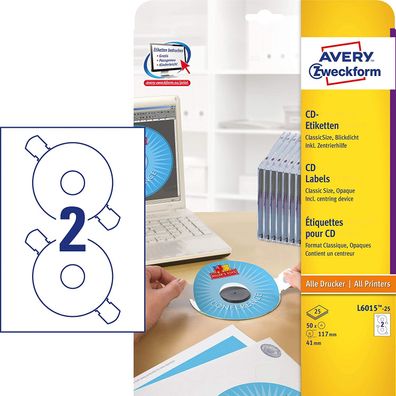 AVERY Zweckform L6015-25 selbstklebende CD-Etiketten inkl. Zentrierhilfe (50 blick...