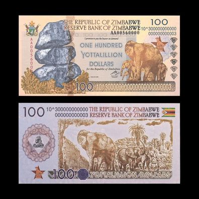 One Hundred Yottalillion Dollars Banknote Zimbabwe Bankfrisch unzirkuliert(Zimb103)