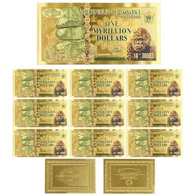 10 Stück One Myrillion Souvenier Dollar Gold Plated Banknote Zimbabwe(Zimb109)