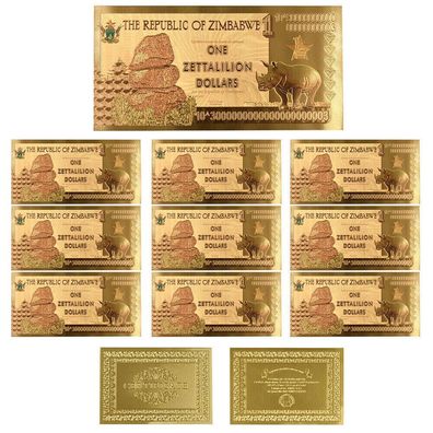 10 Stück One Zettalilion Souvenier Dollar Gold Plated Banknote Zimbabwe(Zimb111)