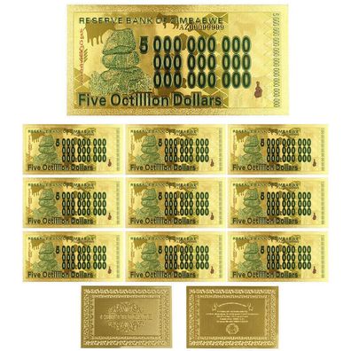 10 Stück 5 Octillion Souvenier Dollar Gold Plated Banknote Zimbabwe(Zimb114)